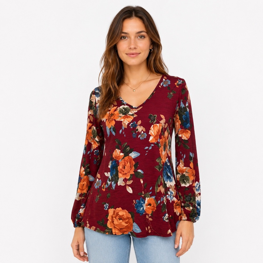 Pink Lily Top Small Burgundy Floral V-Neck Long Sleeve Slub Blouse T2403CLAA